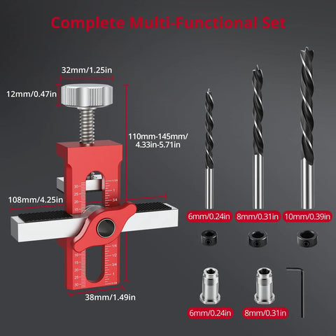 Adjustable Cabinet Door Installation Jig Featuring Dual Imperial And Metric Markings Dead Nuts Accurate Mounting Positioning Tool For Home Renovations Solid Aluminum Frame with drill bits and accessories.