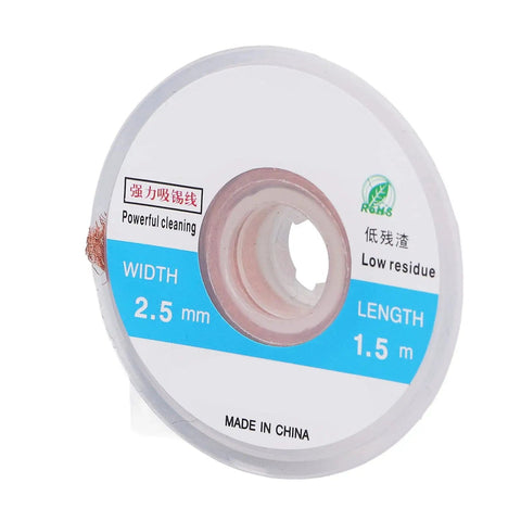 Premium Solder Wick Desoldering Braids 5 Pack High Efficiency Copper Wire spool showing 2.5mm width 4.9ft length details