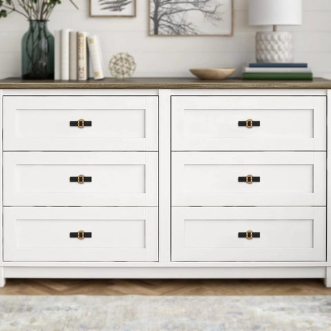 White dresser with 10 Pack Matte Black and Champagne Bronze Knurled Cabinet Knobs and Drawer Pulls on drawers.