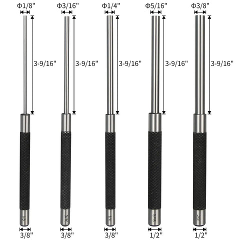 8 Inch Long Carbon Steel Pin Punch Set Includes 5 Punch Sizes 1/8 Inch 3/16 Inch 1/4 Inch 5/16 Inch and 3/8 Inch Knurled Handle Pin Punches With Durable Build And Handy Storage Pouch For Quick Pro Grade Pin Removal displayed in a row with size markings