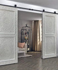 Hand Carved White Custom Build Doors for Interior Or Exterior Use, Dope Antique Sliding Barn Door Style shown in living room