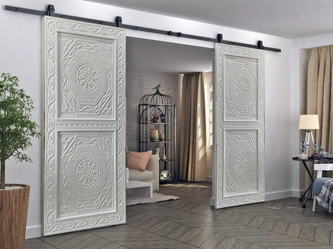 Hand Carved White Custom Build Doors for Interior Or Exterior Use, Dope Antique Sliding Barn Door Style shown in living room