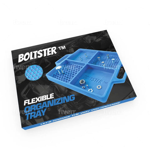 Blue Silicone Fastener Tray For Bolts, Nuts, And Bits With Handy Handle, shown in packaging with product details displayed.