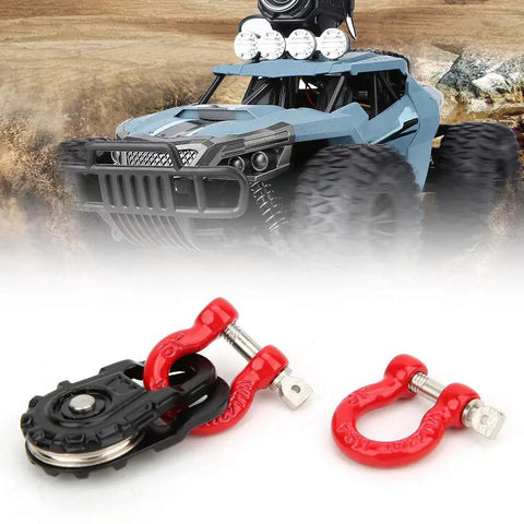 Three Piece RC Car Steel Rope Pulley Lock Sleeve Set for 1 10 Scale Crawlers, Snatch Block Winch Tow Strap Hook Trailer Kit for Gnarly Climbing Action, Durable Steel Construction for Rugged Trails, red pulley and hook