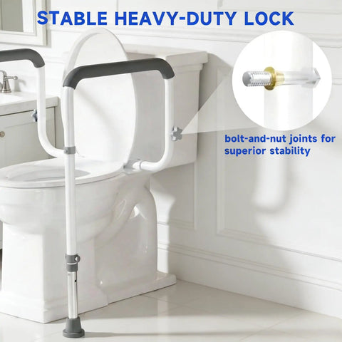 Adjustable Toilet Safety Rails For Seniors With Locking Mounts To Seat Holes For A Rock Solid Base, shown with sturdy padded handles.