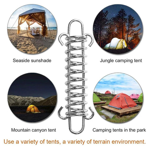 Tent spring buckle set, 10 pcs, 304 stainless steel; heavy-duty rope tension springs with end hooks (front view)