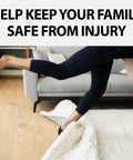 Woman tripping on loose rug corner, highlighting need for Double Sided Carpet Tile Tape 2 In By 90 Ft Heavy Duty with Reinforced Web Mesh.