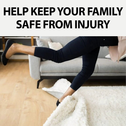 Woman tripping on loose rug corner, highlighting need for Double Sided Carpet Tile Tape 2 In By 90 Ft Heavy Duty with Reinforced Web Mesh.