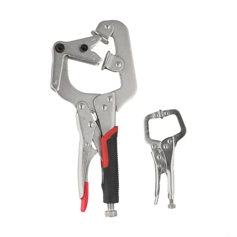 Solid Locking Clamp Set Featuring 10 Inch Welding Pipe Plier And 5 Inch Mini C-Clamp With Ergonomic Rubberized Handles for secure grip.