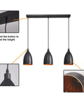 Black Metal 3 Light Pendant Light With Adjustable Height Up To 76.6 Inches, showing height adjustment and detailed lampshade texture.
