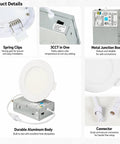 LOG BARN 4 Inch LED Recessed Lighting with Junction Box, 3CCT 3000K/4000K/5000K Selectable, showing spring clips, junction box, and aluminum body.