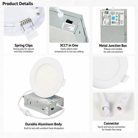 LOG BARN 4 Inch LED Recessed Lighting with Junction Box, 3CCT 3000K/4000K/5000K Selectable, showing spring clips, junction box, and aluminum body.