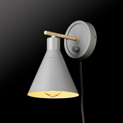 Plug In Or Hardwire Wall Sconce 2 In 1 Dimmer Backplate Matte Gray With Faux Wood Accents Black Fabric Cord Dimmable Wall Light Bulb Not Included Easy Install For Cozy Cottagecore Vibe