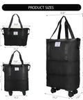 Amazon black rolling duffle bag with wheels, expandable 22–42L; for travel, gym, camping; shown in three views.