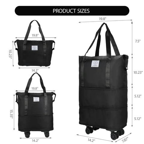 Amazon black rolling duffle bag with wheels, expandable 22–42L; for travel, gym, camping; shown in three views.