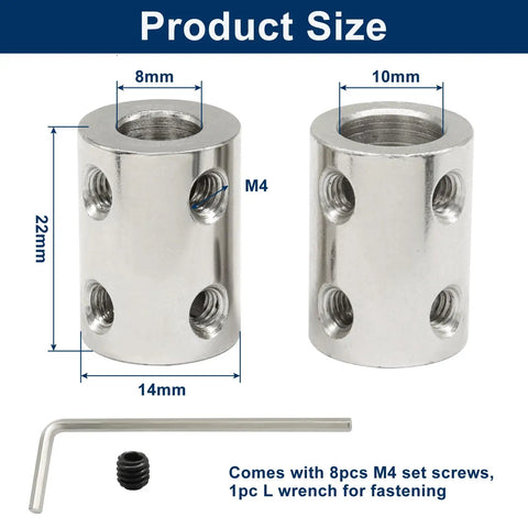 8mm To 10mm Bore Steel Rigid Shaft Coupler Set With 2 Couplers, M4 Set Screws And L Wrench, 22mm Length, 14mm Outer Diameter, Dialed In Precision Shaft Connector For CNC Machines, Robotics, And DIY Projects. Product size diagram