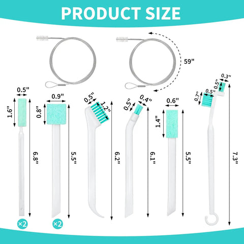 Ice Machine Cleaner Brush Kit, 10-Piece Set With 2 Extra-Long Drain Pipe Brushes And 8 Crevice Brushes, product dimensions displayed