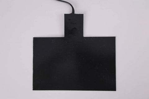 Heavy duty silicone battery heater pad for 120V car batteries, featuring a secure attachment area and wire connection.