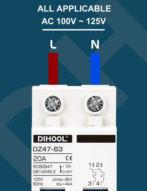 Front view of AC Miniature Circuit Breaker 2 Pole 20 Amp 110V Low Voltage Disconnect Switch For DIN Rail Mount, C Curve Trip