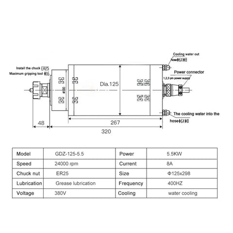 Technical diagram of Water Cooled CNC Spindle Motor GDZ 125 5.5KW ER25 380V with specifications and dimensions labeled.