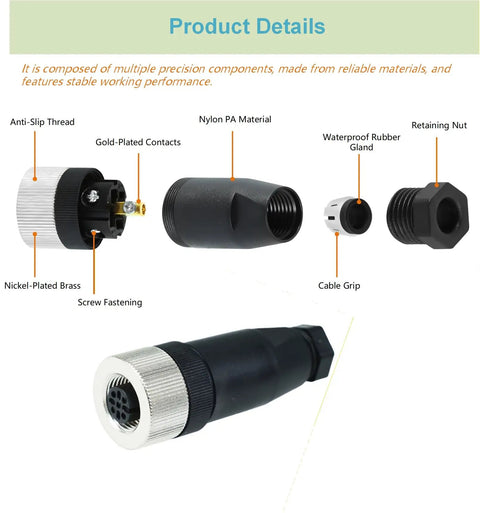 Components of 10 Pack M12 5 Pin Panel Mount Aviation Connectors Set Straight Male Female Waterproof IP67 Circular Wire Connector