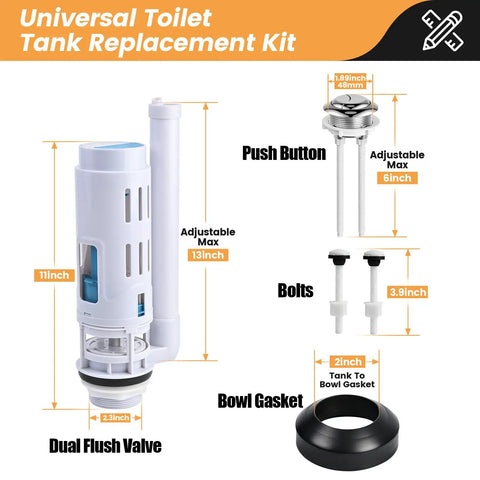 Components of 2-Inch Dual Flush Valve Replacement Kit For 2-Piece Toilets With Inside Tank Repair Kit DIY Friendly Easy Install Push Button Gasket And Bolts Compatible With Glacier Bay Kohler American Standard And Toto including push button, bolts, and bowl gasket