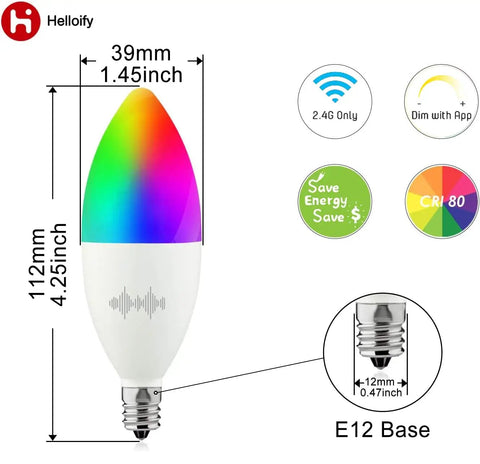 Smart Candelabra LED Bulb 40W Equivalent, WiFi Enabled, Works With Alexa And Google Assistant, RGB Color Changing, 2 Pack.