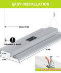 Easy installation diagram of 4 Pack 300W LED Linear High Bay Shop Lights With Motion Sensor, hanging chain and hard-wired connection detail