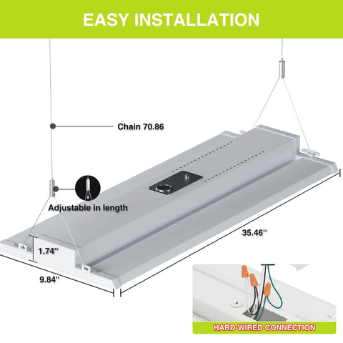 Easy installation diagram of 4 Pack 300W LED Linear High Bay Shop Lights With Motion Sensor, hanging chain and hard-wired connection detail