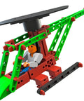 80 Piece Solar Construction Kit Lets Kids Build A Helicopter Air Boat Or Fan With A Solar Rotor Powering The Propeller While Teaching Renewable Energy In A Fun STEM Hands On Way. solar helicopter model with green beams, red frame, and black rotor