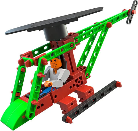 80 Piece Solar Construction Kit Lets Kids Build A Helicopter Air Boat Or Fan With A Solar Rotor Powering The Propeller While Teaching Renewable Energy In A Fun STEM Hands On Way. solar helicopter model with green beams, red frame, and black rotor