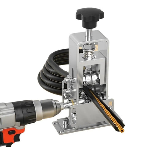 Heavy Duty Portable Manual Wire Stripper Tool With Hand Crank Easy Cable Peeling Machine For Electricians Strips 1 To 25mm Wire Sizes close-up view with drill attachment