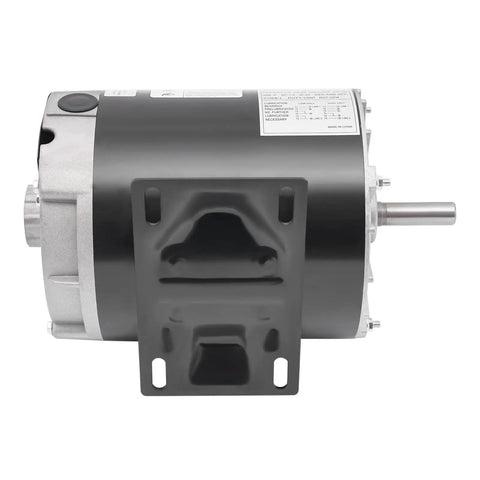Half Horsepower Single Phase Electric Motor With 3450 RPM 115 To 230 Volt IP23 Protection Beefy Workhorse Build For Metal Cutting Machines Pumps And Fans side view with shaft