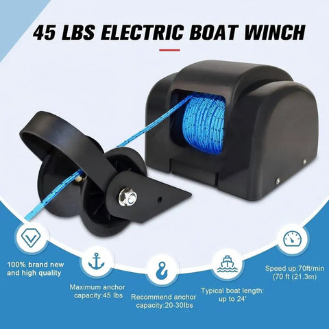 Rock Solid 45 Lbs Electric Boat Anchor Winch With Remote Control Saltwater Marine Windlass Kit Including 98 Ft Rope For Fishing And Pontoon Boats showing durable build and blue braided rope.