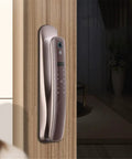 No Sweat Smart Door Lock With Fingerprint Access App Remote Control and Live View mounted on wood door.