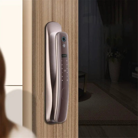 No Sweat Smart Door Lock With Fingerprint Access App Remote Control and Live View mounted on wood door.
