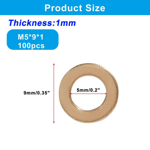 M5 Copper Flat Washer 5X9X1mm with dimensions shown for rust proof hardware fasteners in a clear image.