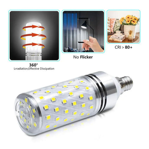 Super Bright E12 LED Corn Bulbs 16W 1500LM Daylight White 6000K CRI80 Plus showcasing 360° design and no flicker benefits