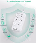 10 Ft Flat Plug Power Strip With 6 Outlets And 2 USB A Ports And 2 USB C Ports Overload Protection features and safety icons