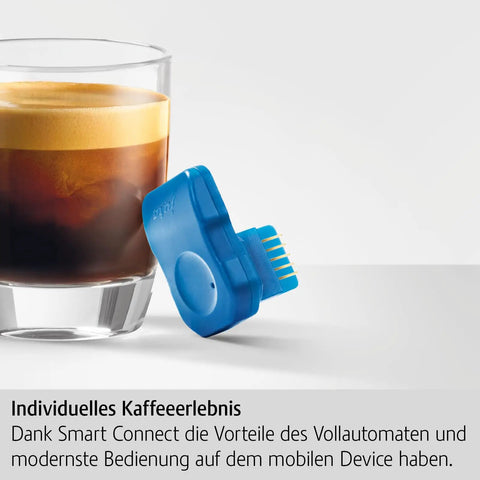 Smart Connect Bluetooth Adapter For D6 E6 E8 2018 J6 S8 Z6 WE8 Coffee Machines, blue adapter beside a glass of espresso