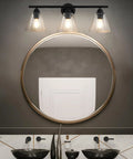 Farmhouse Modern Vanity Light Fixture Matte Black Rustic Wall Sconce above mirror in bathroom with dual sinks and curved silhouette