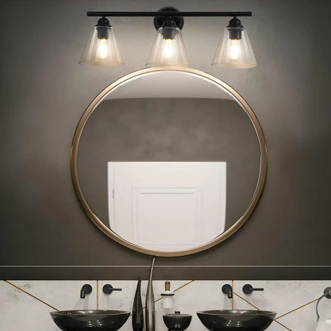 Farmhouse Modern Vanity Light Fixture Matte Black Rustic Wall Sconce above mirror in bathroom with dual sinks and curved silhouette