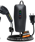 Level 1 And Level 2 Portable EV Charger, 20 foot cable, 3.5 kW 16 Amp with NEMA 5-15 and NEMA 6-20 plugs.