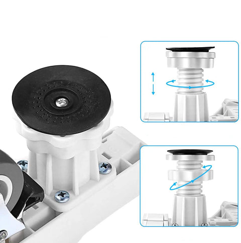 Close-up of Mobile Base Stand With Four Strong Feet For Fridge And Washer Adjustable Refrigerator Stand, focus on adjustable foot mechanism.