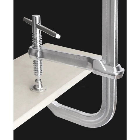Heavy Duty Large Steel Ratcheting F Clamp For Welding Woodworking Metal Fabrication secured on wood with tight grip and smooth operation
