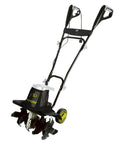 Corded Electric Garden Tiller And Cultivator With Steel Tines, 16 Inch Width, 12 Amp Motor, front view with folding handle