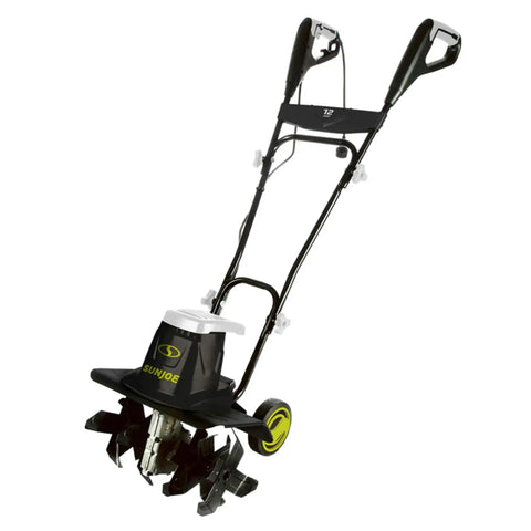 Corded Electric Garden Tiller And Cultivator With Steel Tines, 16 Inch Width, 12 Amp Motor, front view with folding handle