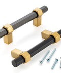 Ten Pack 3 Inch Hole Center Black And Gold Cabinet Pulls Matte Black Hexagon Bar With Brushed Gold Bases For Cabinets Drawers Dressers Cupboards And Vanities Includes One Inch And One Point Five Inch Screws. Two black and gold cabinet pulls shown with included screws.