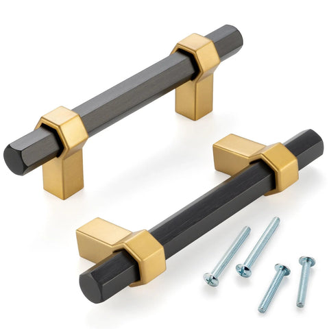 Ten Pack 3 Inch Hole Center Black And Gold Cabinet Pulls Matte Black Hexagon Bar With Brushed Gold Bases For Cabinets Drawers Dressers Cupboards And Vanities Includes One Inch And One Point Five Inch Screws. Two black and gold cabinet pulls shown with included screws.