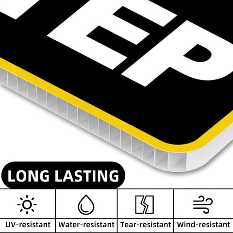 Close-up of the Watch Your Step Sign 12 By 9 Inch Double Sided Caution Sign material with UV, water, tear, and wind resistance icons